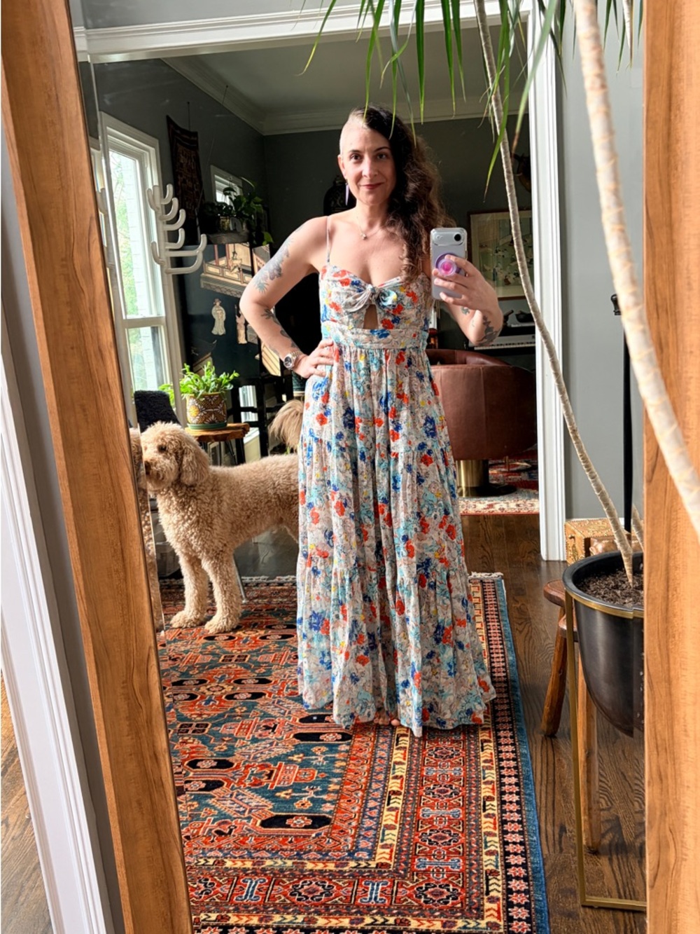 Zimmermann Floral Tie-Front Maxi Dress in White with Blue & Orange Flowers